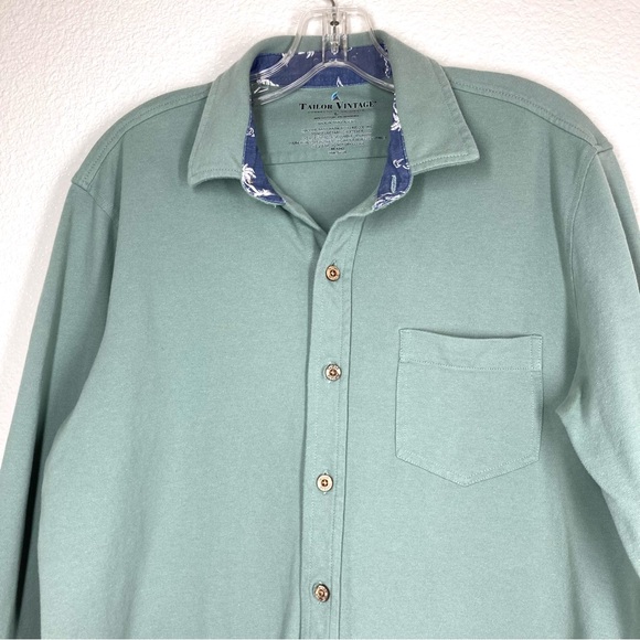 Tailor Vintage Mens Button Down Shirt Long Sleeves Light Green Large Cotton - Picture 3 of 14